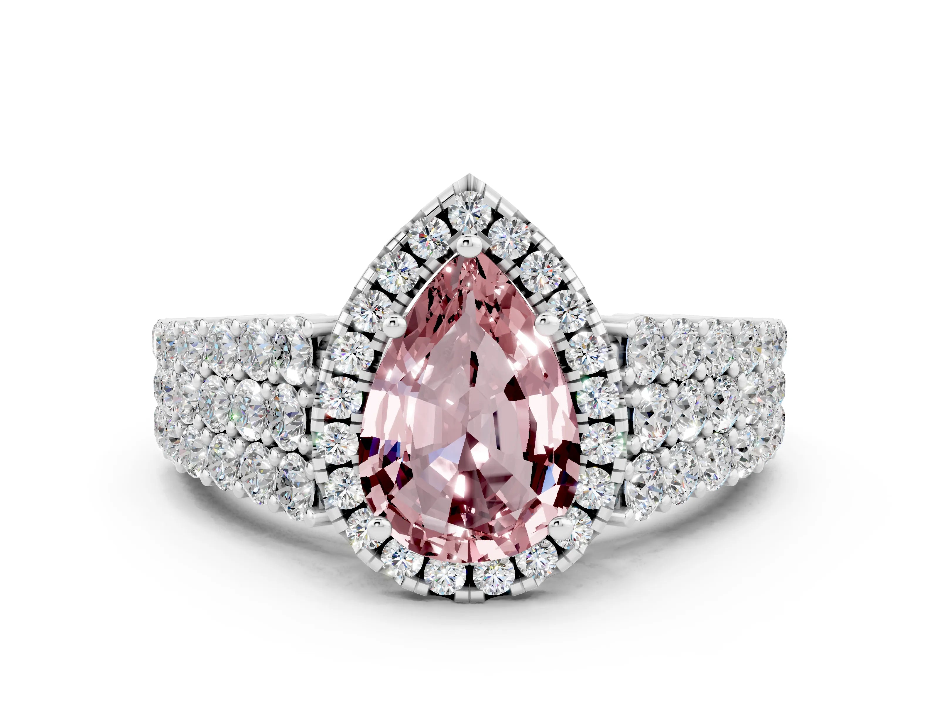 White gold Pear Cut Halo Pavé Diamond Engagement Ring with Split Shank and Four-Prong Setting