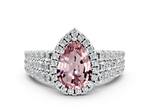 White gold Pear Cut Halo Pavé Diamond Engagement Ring with Split Shank and Four-Prong Setting