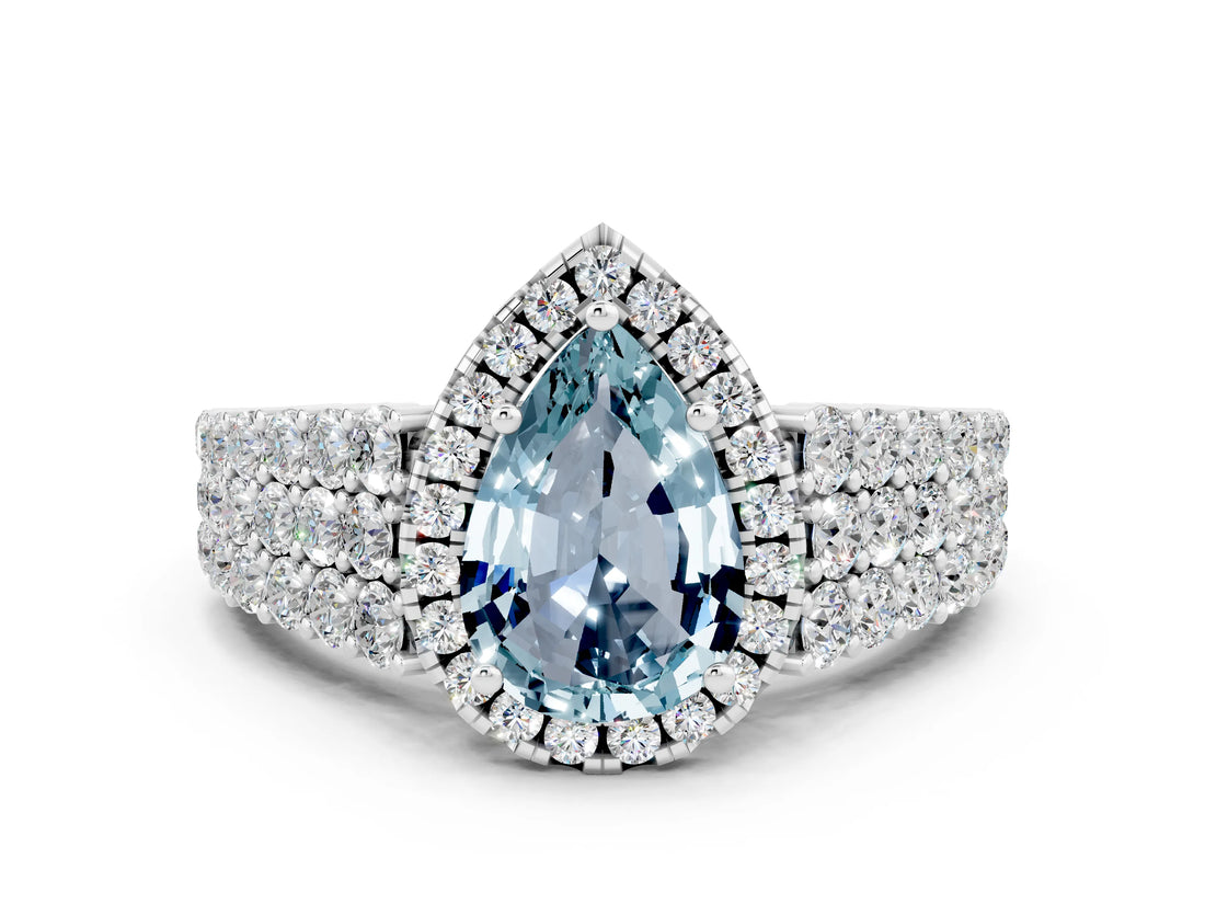 White gold Pear Cut Halo Pavé Diamond Engagement Ring with Split Shank and Four-Prong Setting