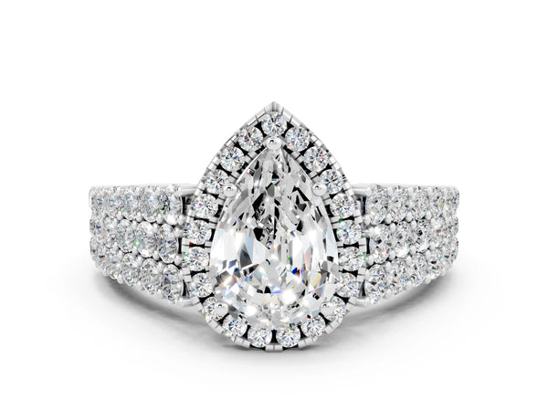 Silver Pear Cut Moissanite Halo Engagement Ring with Triple Row Round Pavé Band and Prong Setting
