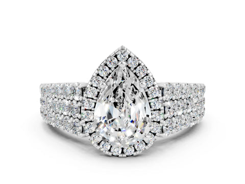 White gold Pear Cut Halo Pavé Diamond Engagement Ring with Split Shank and Four-Prong Setting