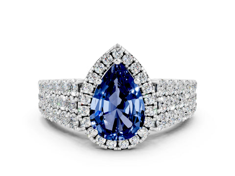White gold Pear Cut Halo Pavé Diamond Engagement Ring with Split Shank and Four-Prong Setting