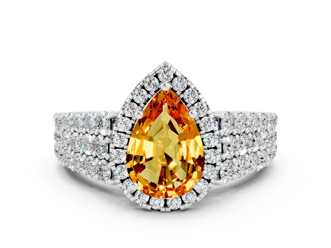 White gold Pear Cut Halo Pavé Diamond Engagement Ring with Split Shank and Four-Prong Setting