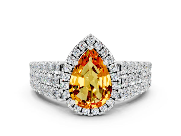 White gold Pear Cut Citrine Halo Engagement Ring with Triple Row Round Pavé Band and Prong Setting