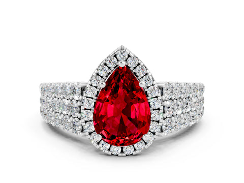 White gold Pear Cut Halo Pavé Diamond Engagement Ring with Split Shank and Four-Prong Setting