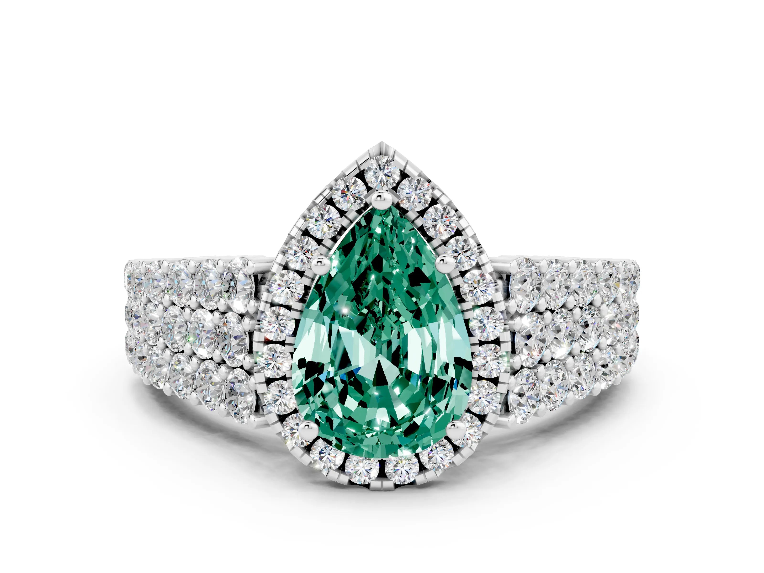 White gold Pear Cut Halo Pavé Diamond Engagement Ring with Split Shank and Four-Prong Setting
