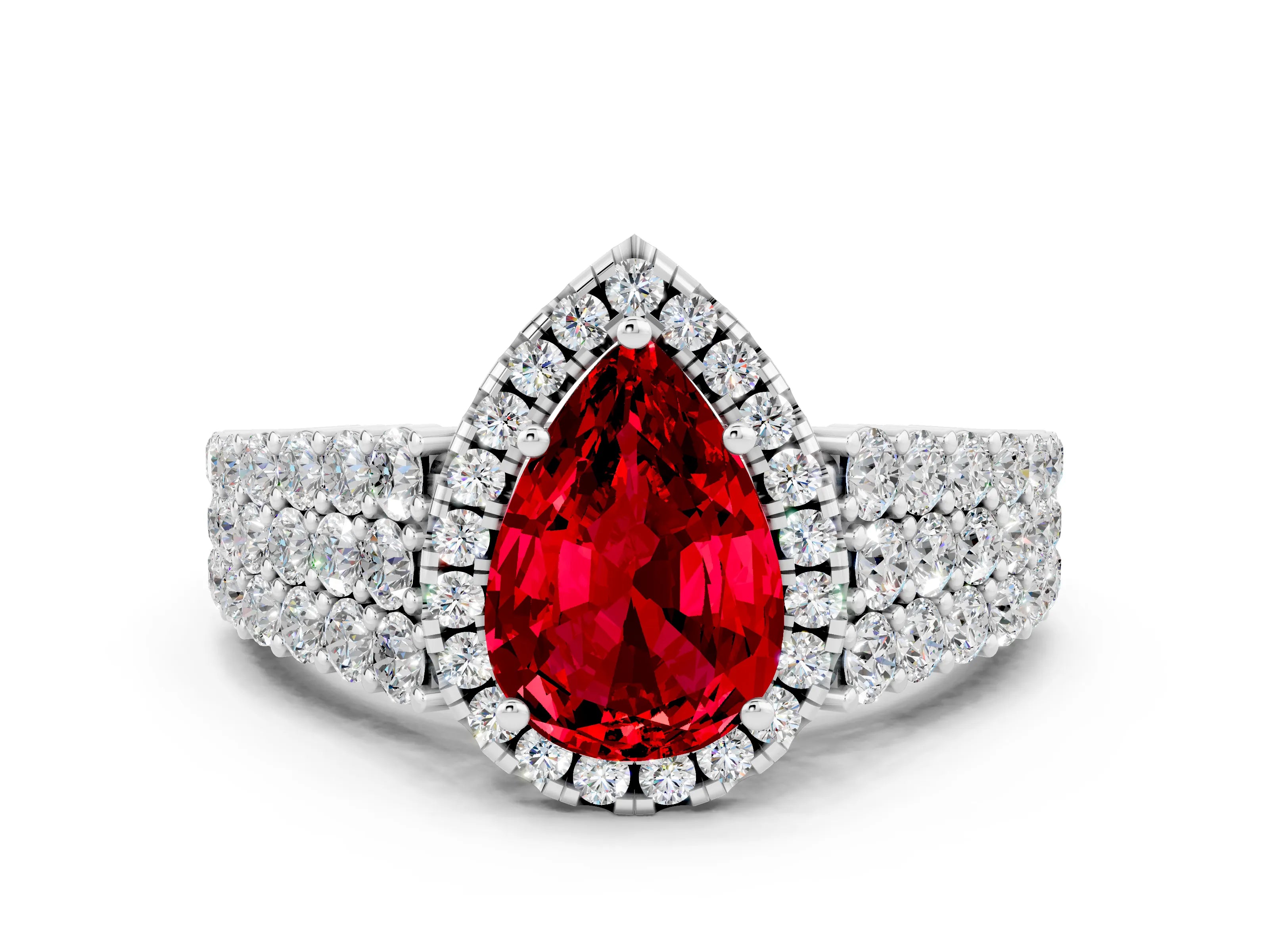 White gold Pear Cut Halo Pavé Diamond Engagement Ring with Split Shank and Four-Prong Setting