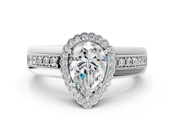 White gold Pear Cut Halo Pave Band Four-Prong Ring