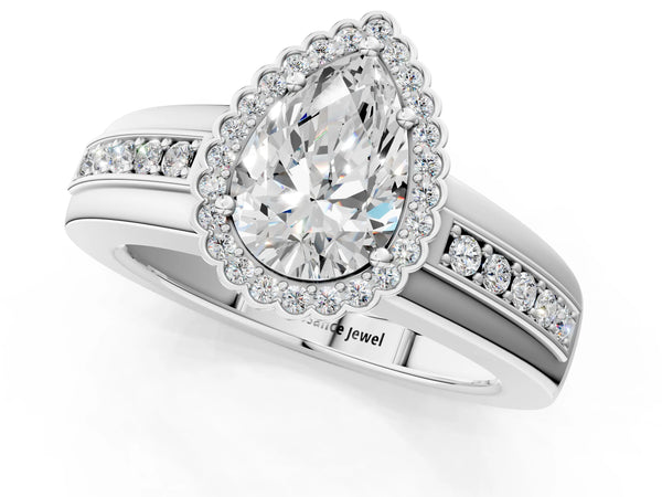 White gold Pear Cut Halo Pave Band Four-Prong Ring