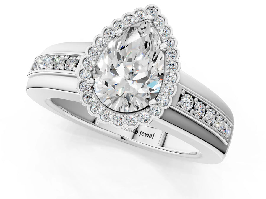 White gold Pear Cut Halo Pave Band Four-Prong Ring