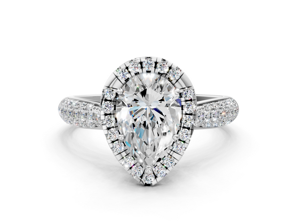 White gold Pear Cut Halo Pave Band Four-Prong Setting Ring