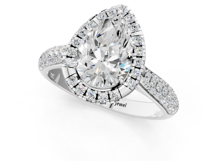 White gold Pear Cut Halo Pave Band Four-Prong Setting Ring