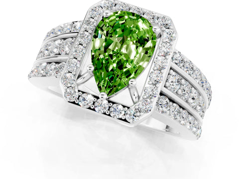 White gold Pear Cut Halo Peridot Ring with Split Shank and Four-Prong Setting_1