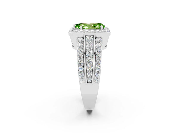 Silver Pear Cut Halo Peridot Ring with Round  Split Shank and Prong Setting