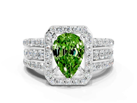 White gold Pear Cut Halo Peridot Ring with Split Shank and Four-Prong Setting