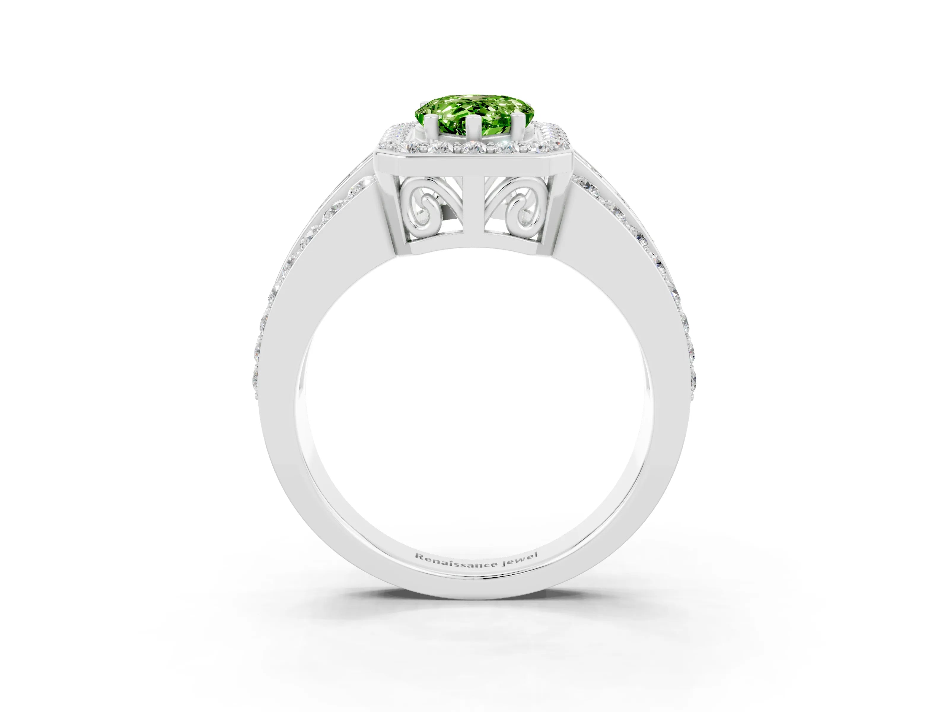 White gold Pear Cut Halo Peridot Ring with Split Shank and Four-Prong Setting_3