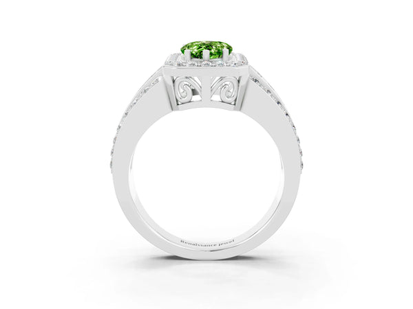 White gold Pear Cut Halo Peridot Ring with Round  Split Shank and Prong Setting