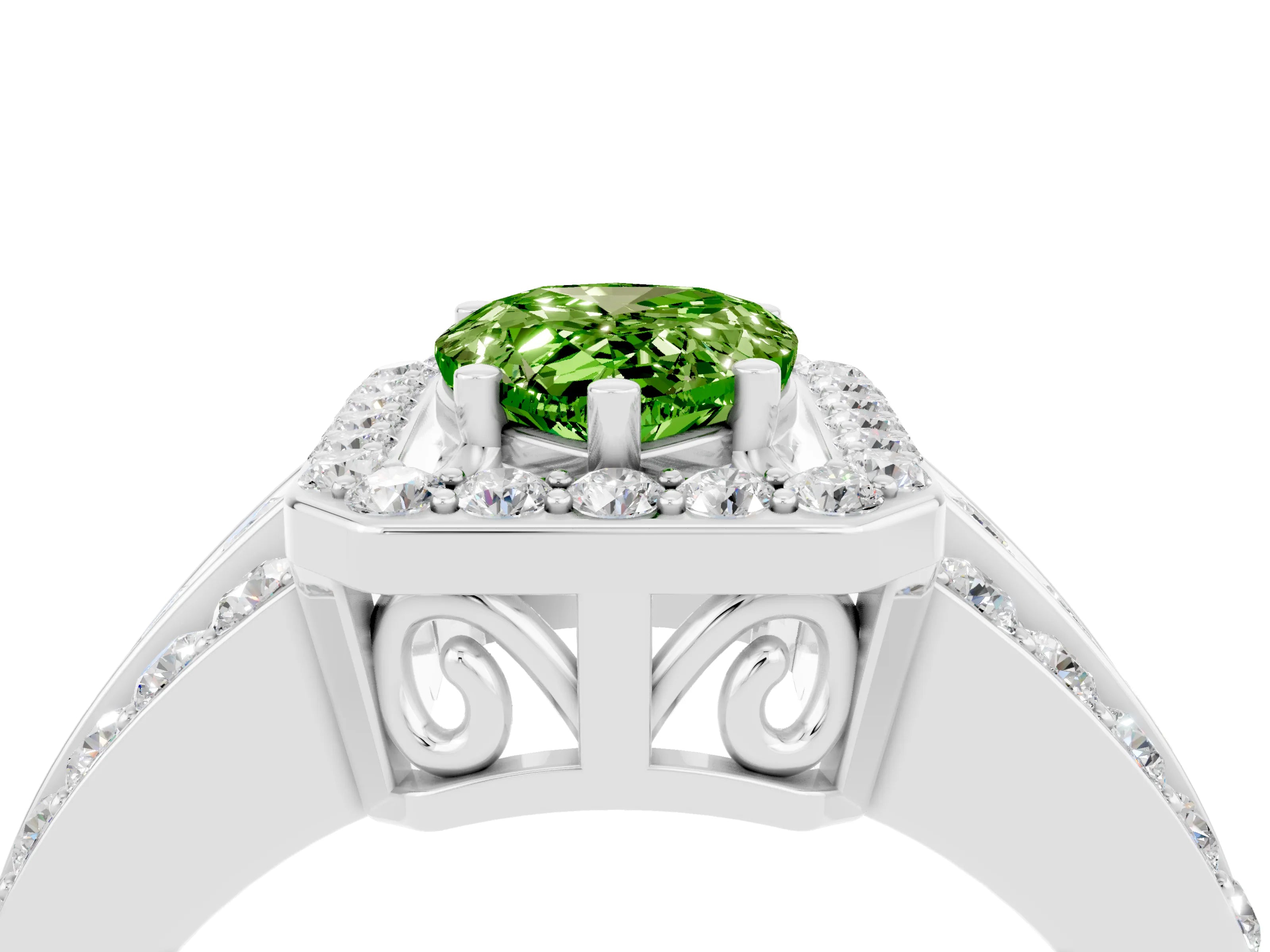 White gold Pear Cut Halo Peridot Ring with Split Shank and Four-Prong Setting_4