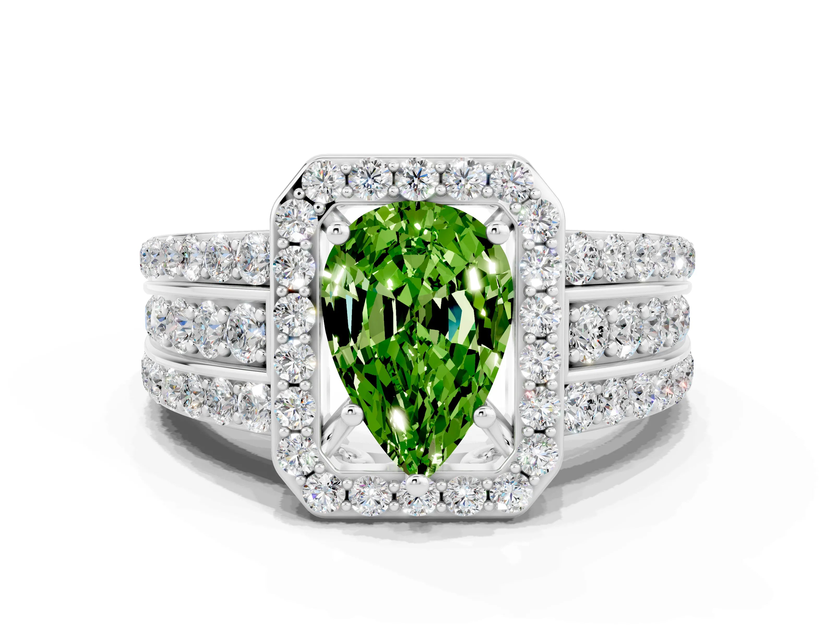 White gold Pear Cut Halo Peridot Ring with Split Shank and Four-Prong Setting