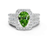 White gold Pear Cut Halo Peridot Ring with Split Shank and Four-Prong Setting