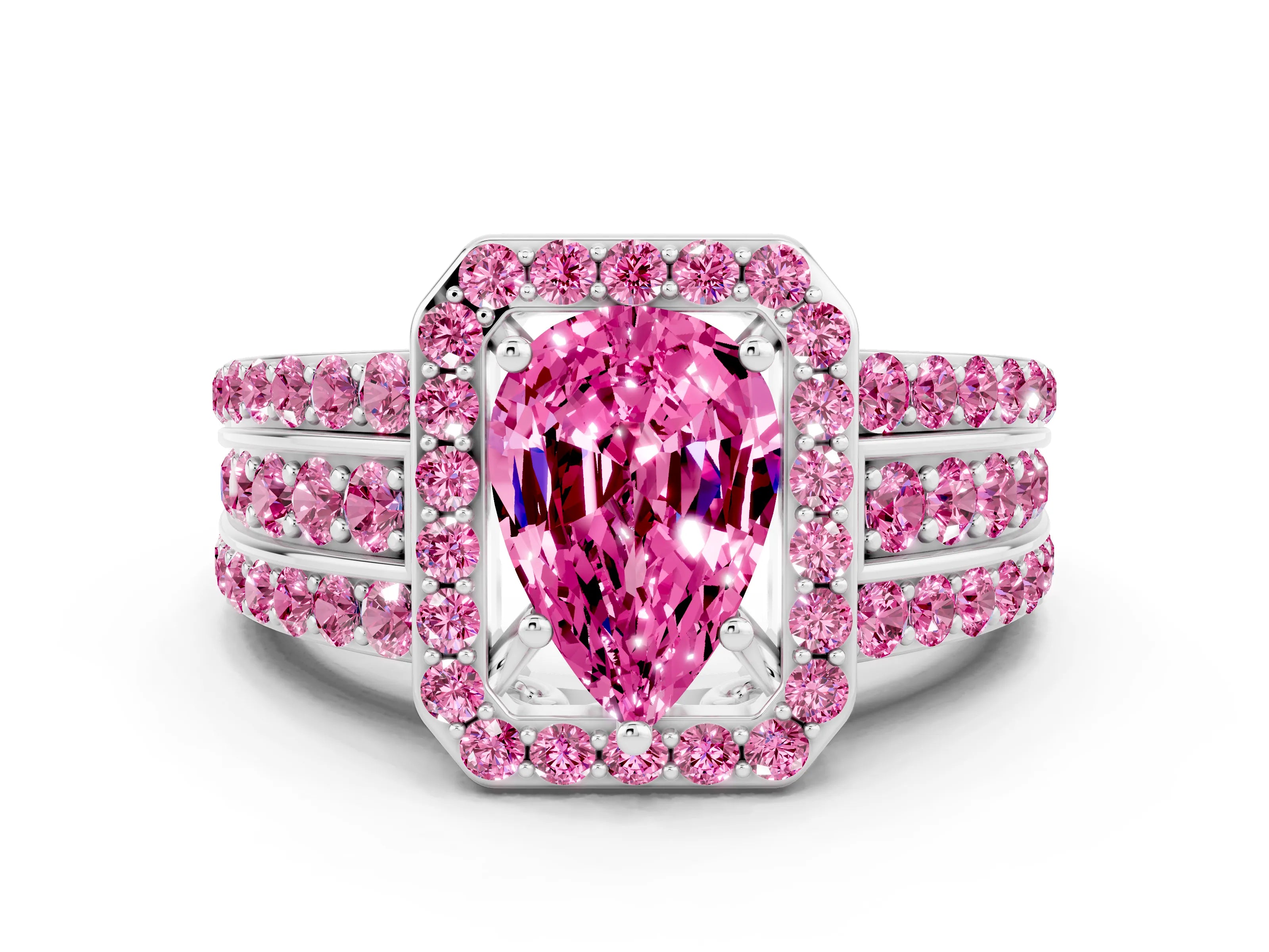 White gold Pear Cut Halo Pink Sapphire Ring with Split Shank and Four-Prong Setting