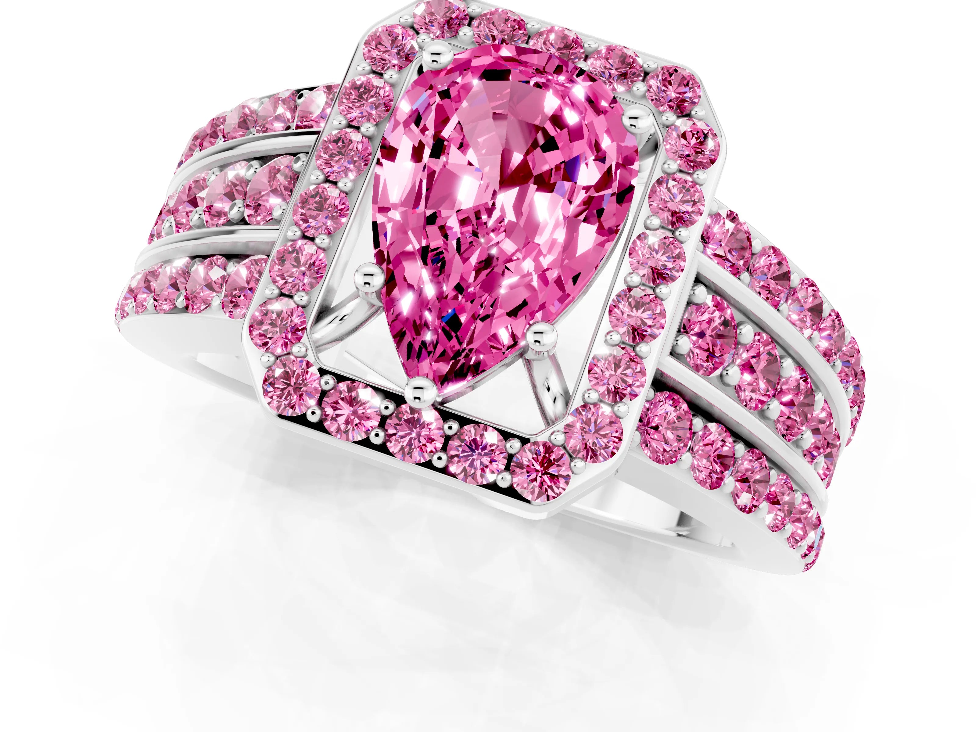 White gold Pear Cut Halo Pink Sapphire Ring with Split Shank and Four-Prong Setting_1