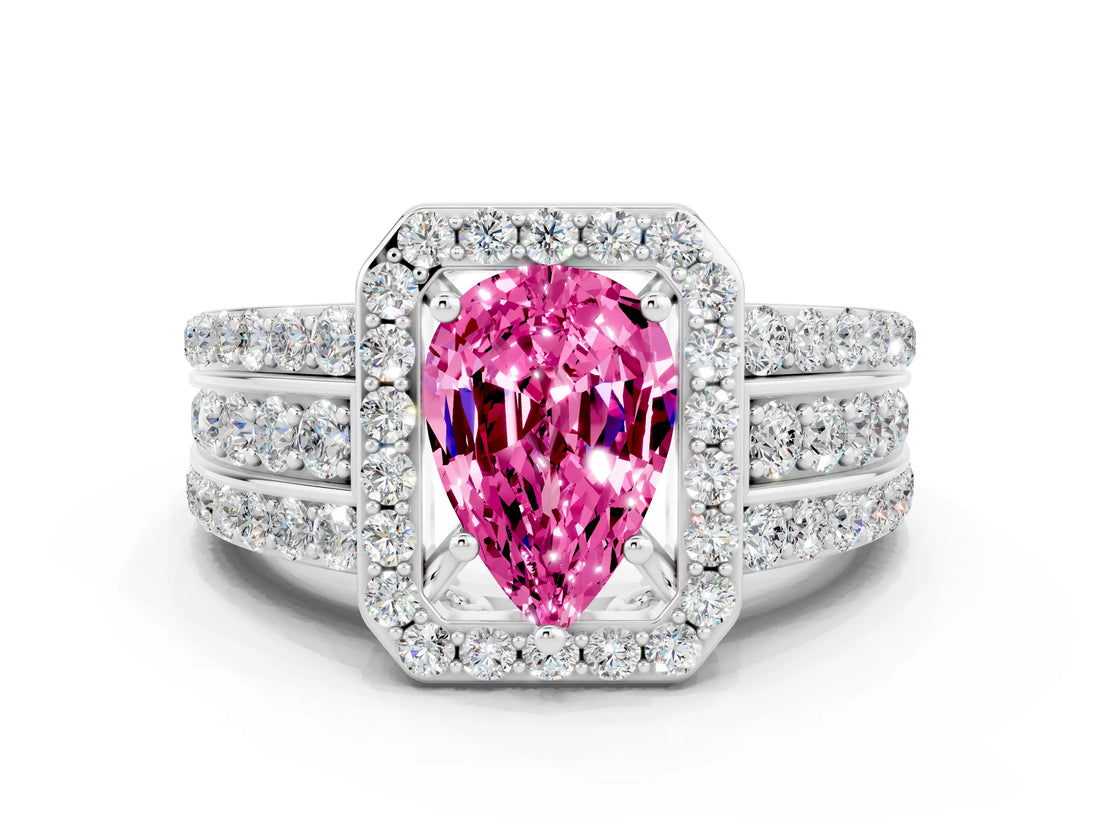 White gold Pear Cut Halo Pink Sapphire Ring with Split Shank and Four-Prong Setting_24
