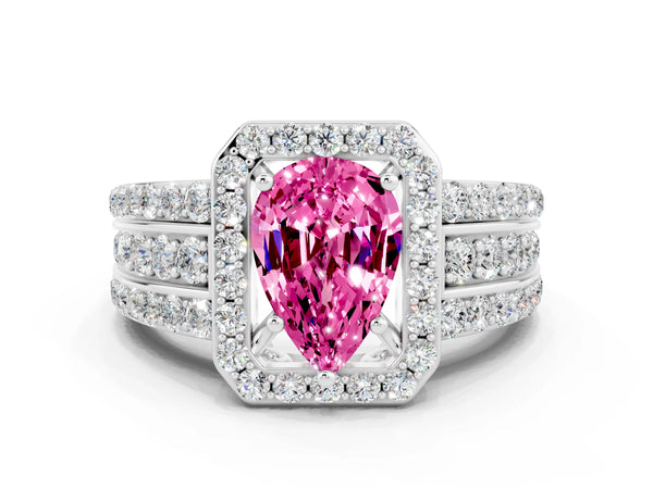 Silver Pear Cut Halo Pink Sapphire Ring with Round  Split Shank and Prong Setting