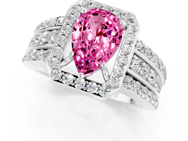 White gold Pear Cut Halo Pink Sapphire Ring with Round  Split Shank and Prong Setting