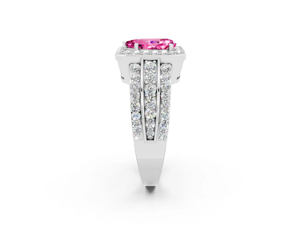 Silver Pear Cut Halo Pink Sapphire Ring with Round  Split Shank and Prong Setting