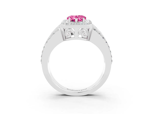 Silver Pear Cut Halo Pink Sapphire Ring with Round  Split Shank and Prong Setting