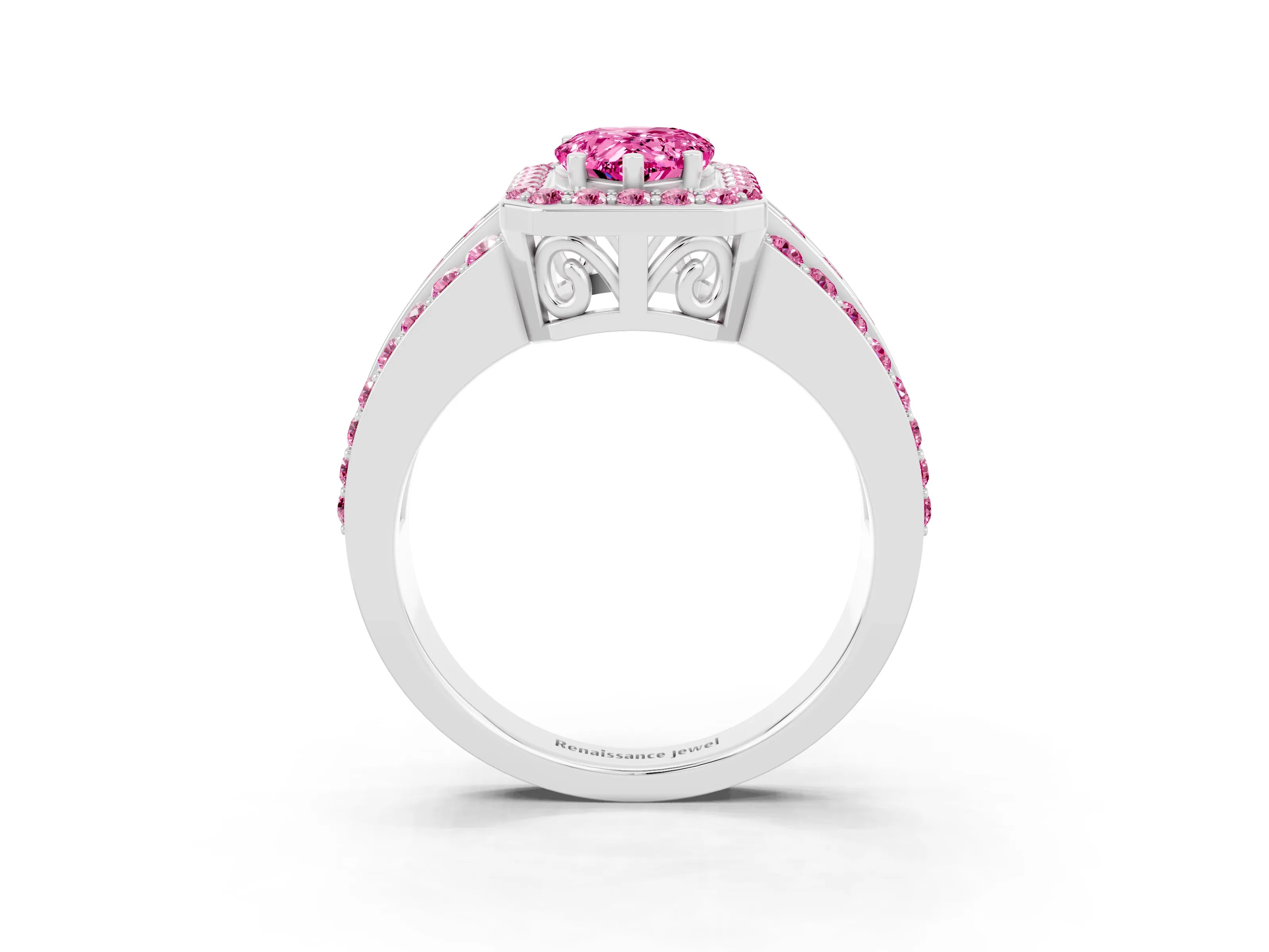 White gold Pear Cut Halo Pink Sapphire Ring with Split Shank and Four-Prong Setting_3
