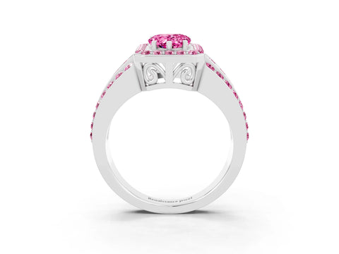 White gold Pear Cut Halo Pink Sapphire Ring with Split Shank and Four-Prong Setting_3