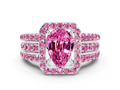 White gold Pear Cut Halo Pink Sapphire Ring with Split Shank and Four-Prong Setting