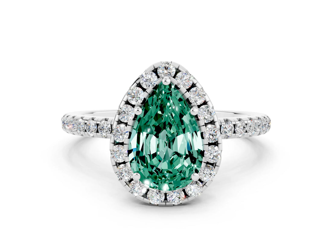 White gold Pear Cut Halo Round Diamond Pavé Band Four-Prong Ring_12