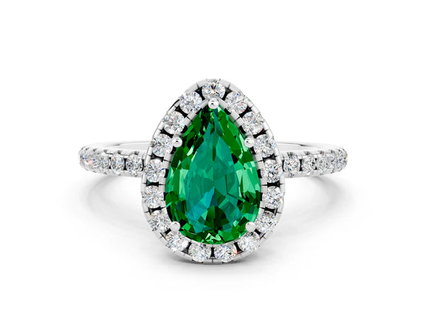 Platinum Pear Cut Emerald Halo Ring with Round Pavé Band and Prong Setting