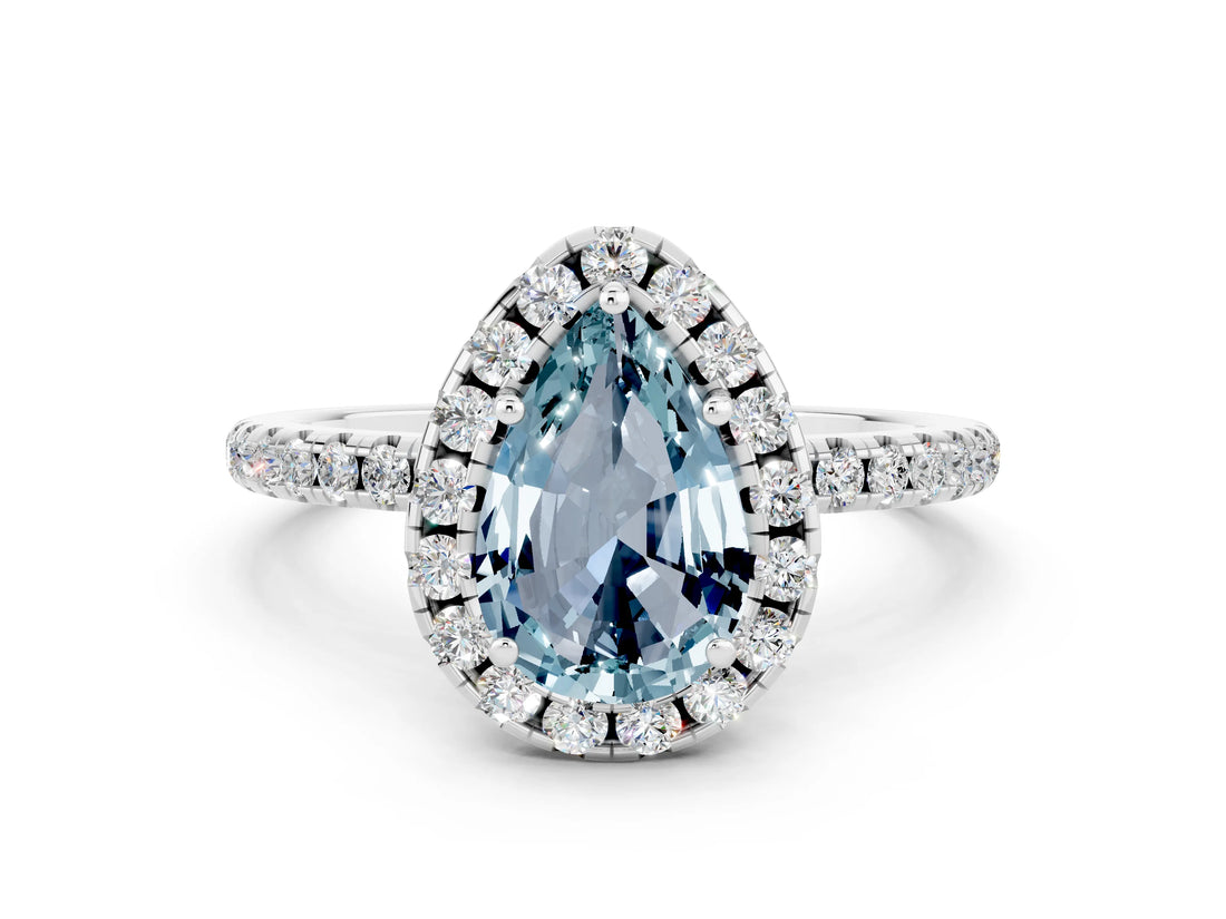 White gold Pear Cut Halo Round Diamond Pavé Band Four-Prong Ring_12