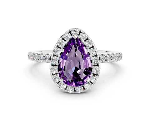 White gold Pear Cut Halo Round Diamond Pavé Band Four-Prong Ring_12
