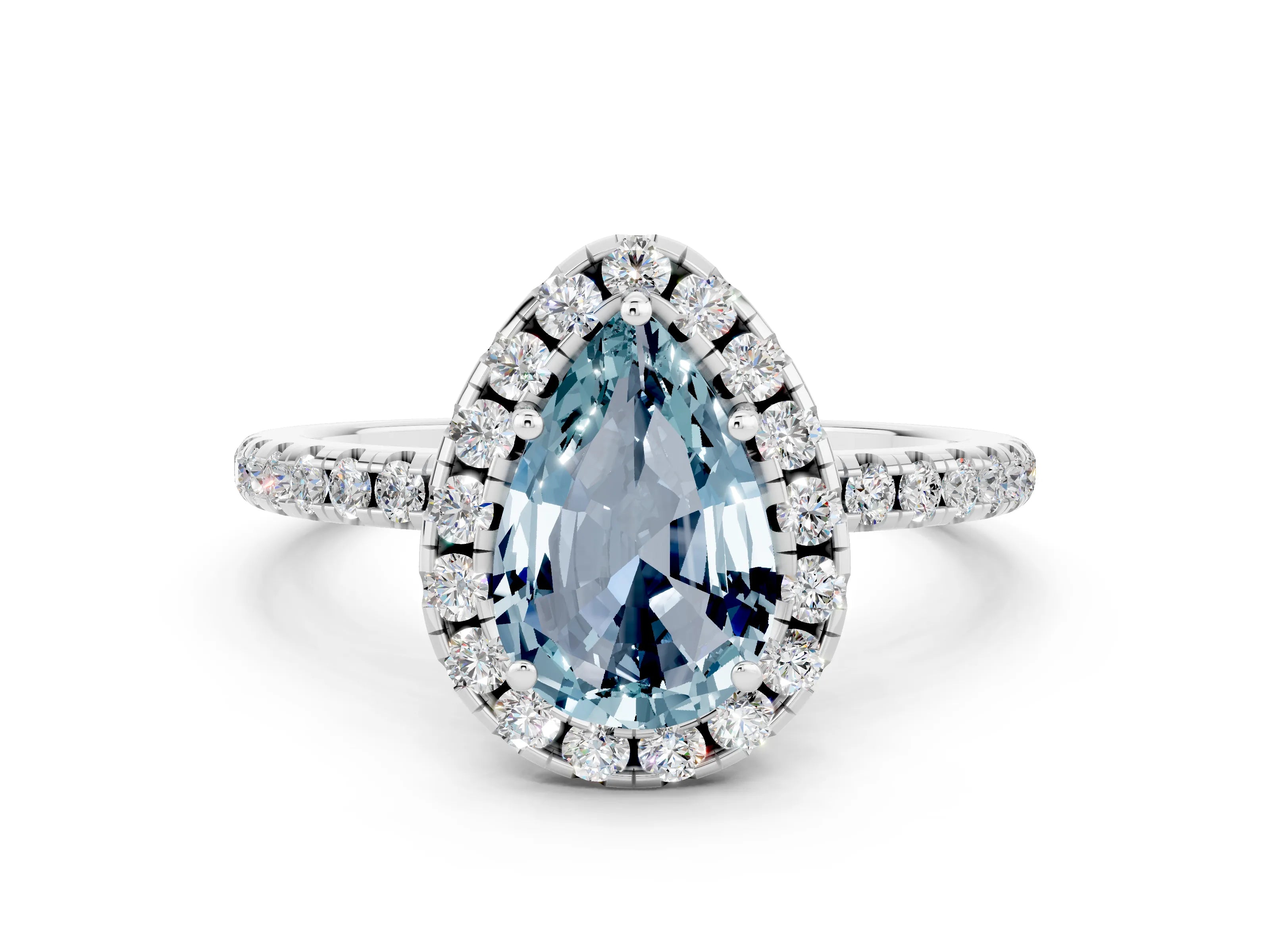 White gold Pear Cut Halo Round Diamond Pavé Band Four-Prong Ring_12