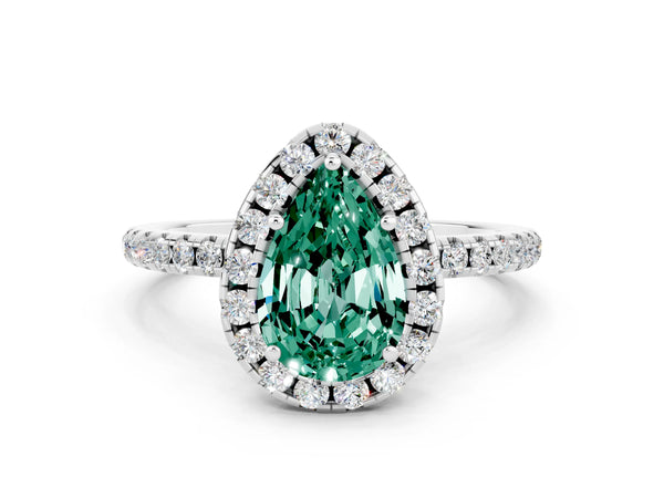Platinum Pear Cut Green Sapphire Halo Ring with Round Pavé Band and Prong Setting