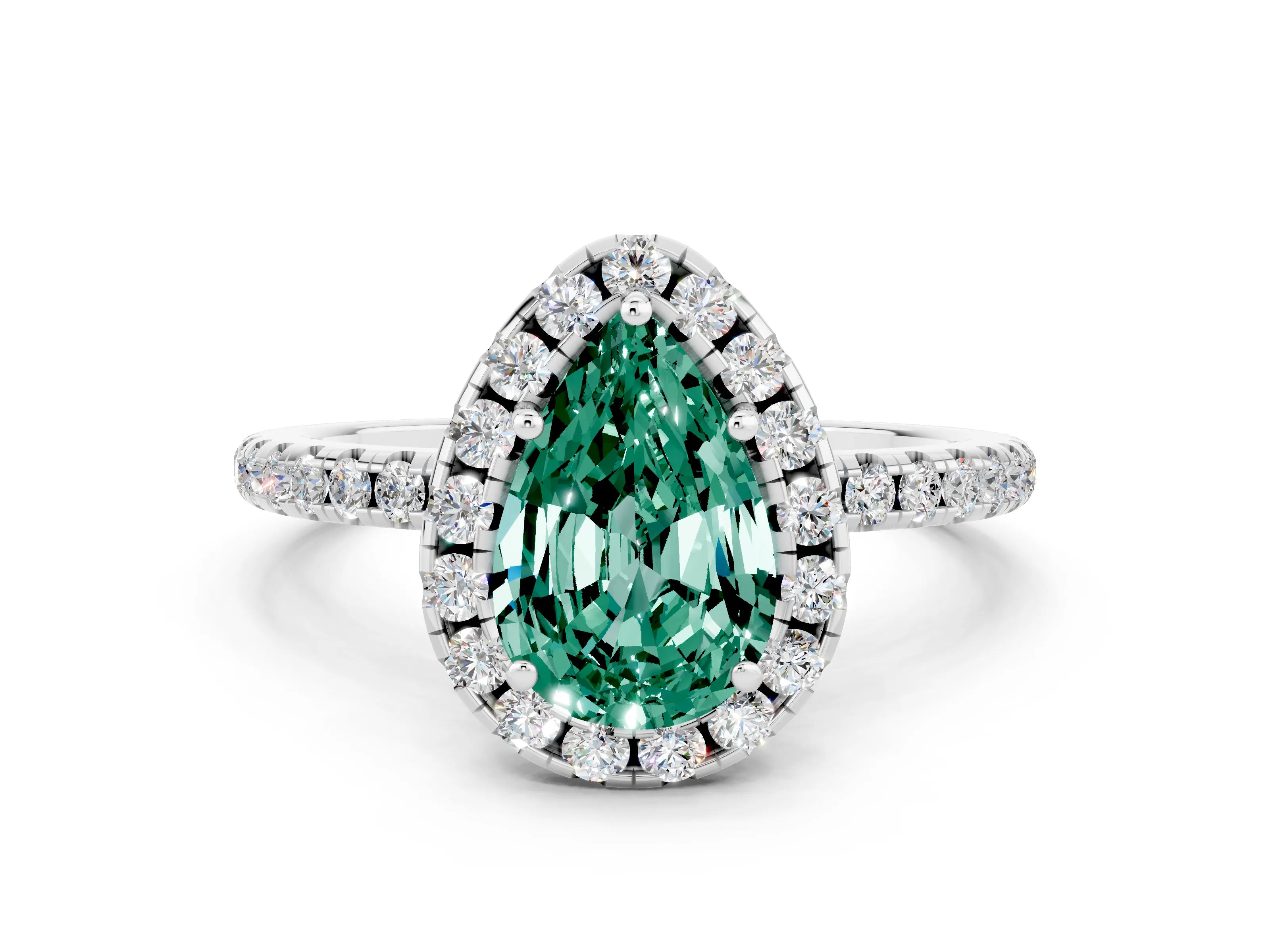 White gold Pear Cut Halo Round Diamond Pavé Band Four-Prong Ring_12