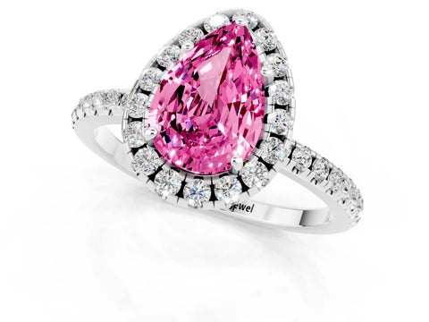 White gold Pear Cut Halo Round Diamond Pavé Band Four-Prong Ring_13