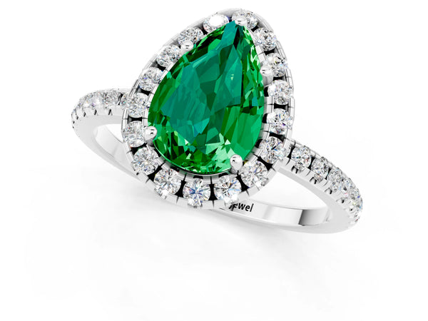 Silver Pear Cut Emerald Halo Ring with Round Pavé Band and Prong Setting