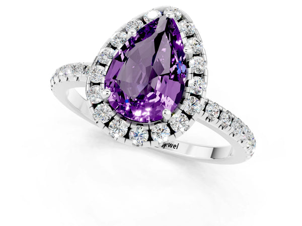 White gold Pear Cut Amethyst Halo Ring with Round Pavé Band and Prong Setting