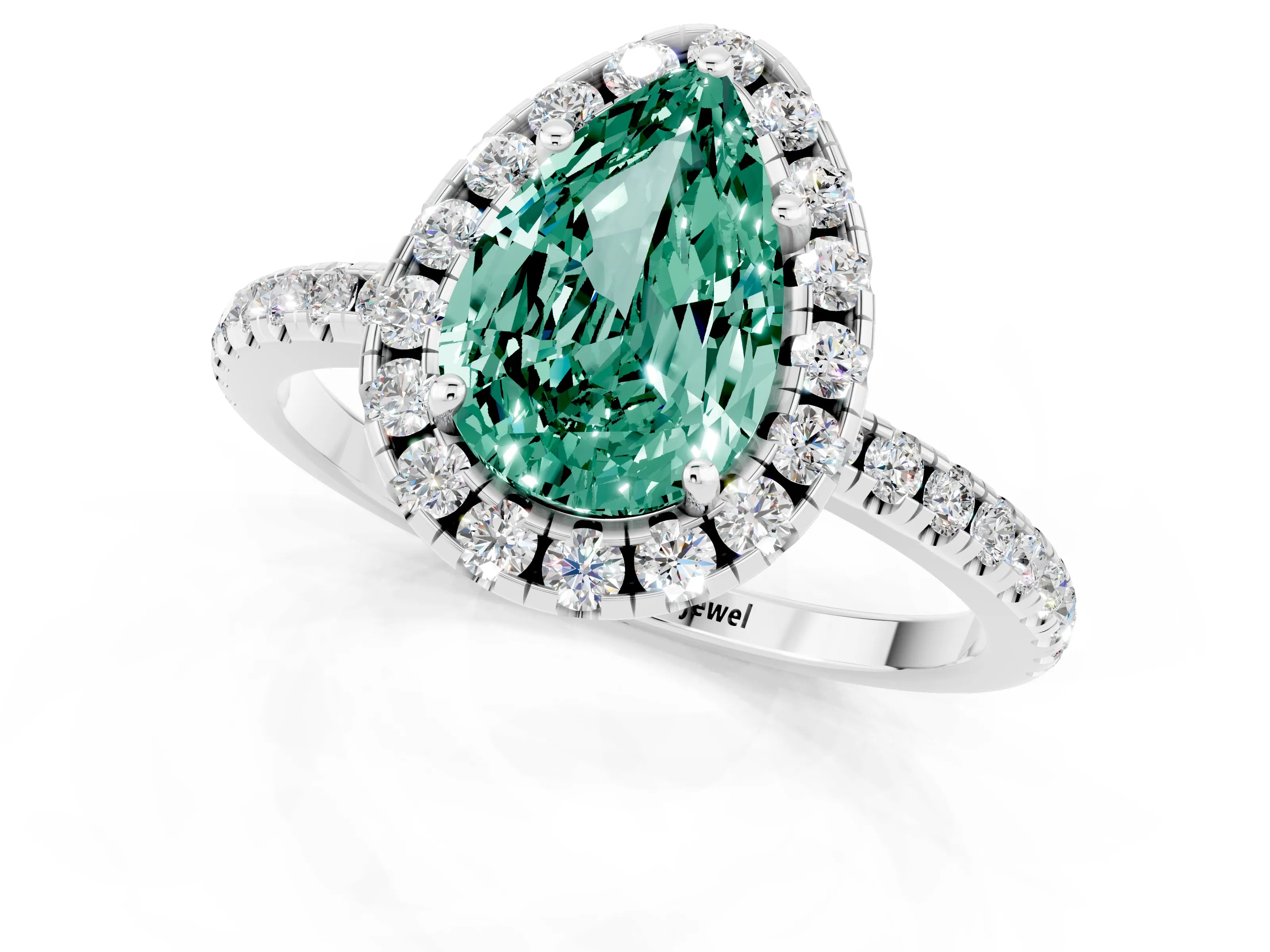 White gold Pear Cut Halo Round Diamond Pavé Band Four-Prong Ring_13