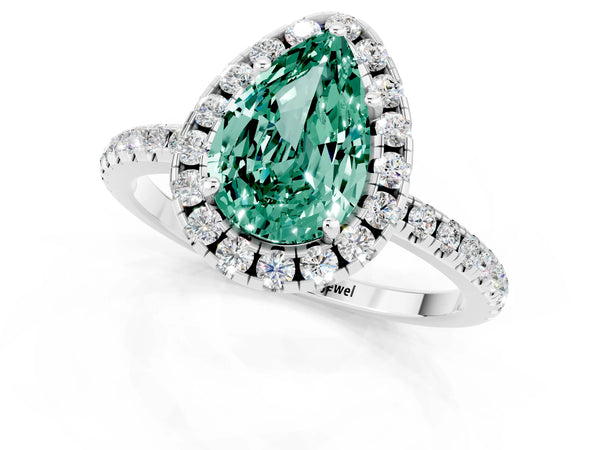 White gold Pear Cut Green Sapphire Halo Ring with Round Pavé Band and Prong Setting
