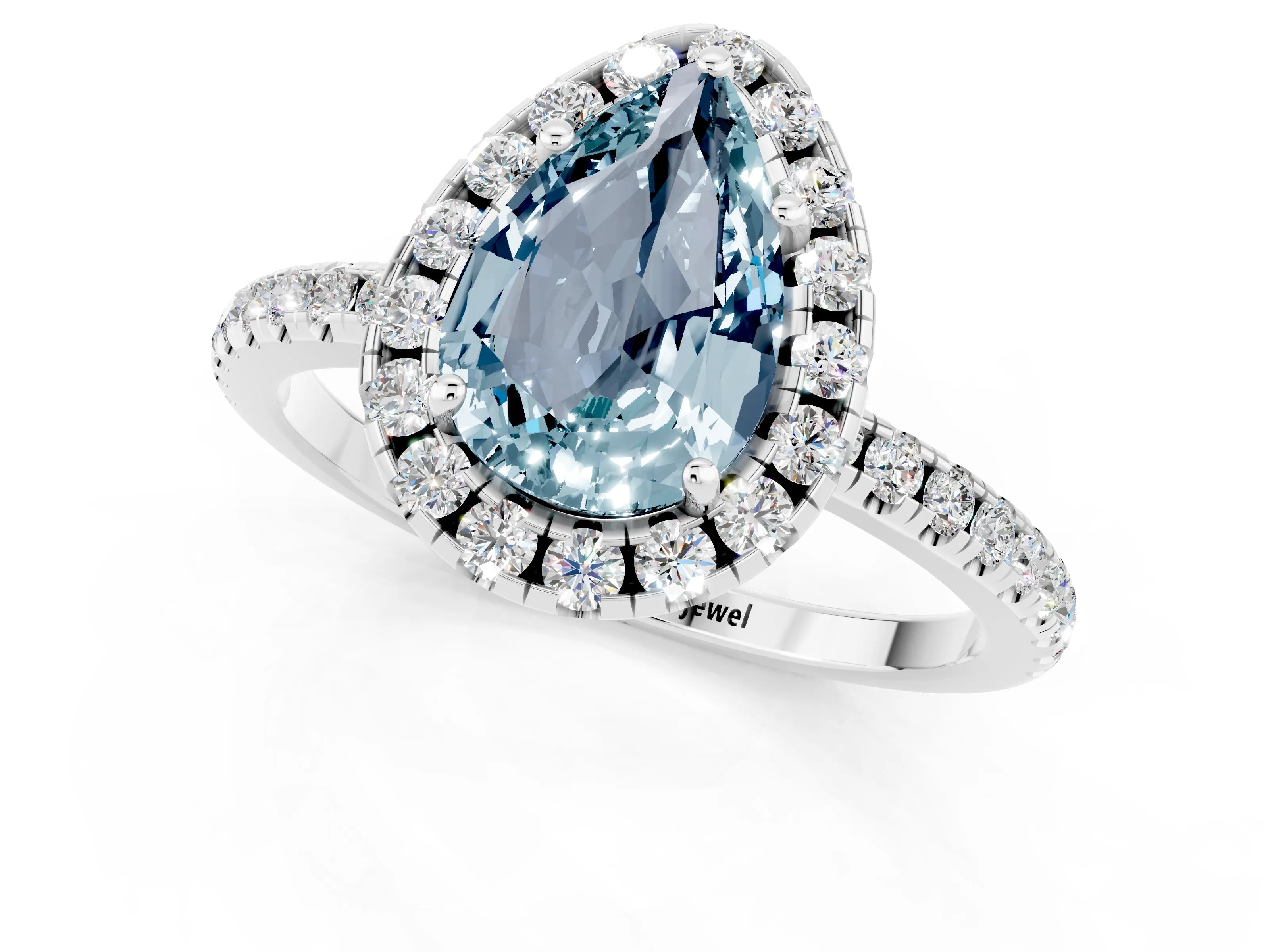 White gold Pear Cut Halo Round Diamond Pavé Band Four-Prong Ring_13