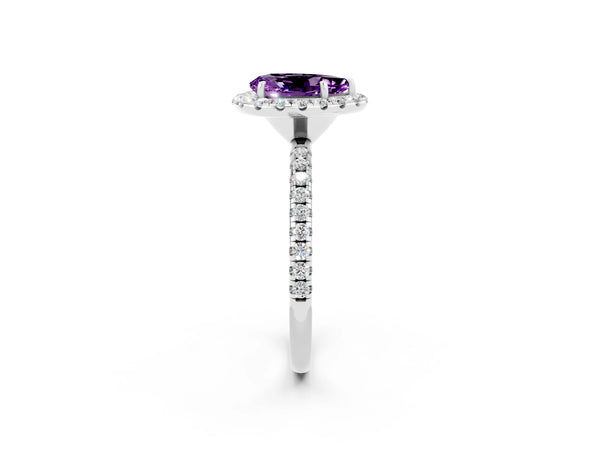 Silver Pear Cut Amethyst Halo Ring with Round Pavé Band and Prong Setting