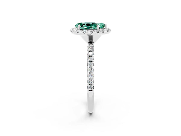Platinum Pear Cut Green Sapphire Halo Ring with Round Pavé Band and Prong Setting