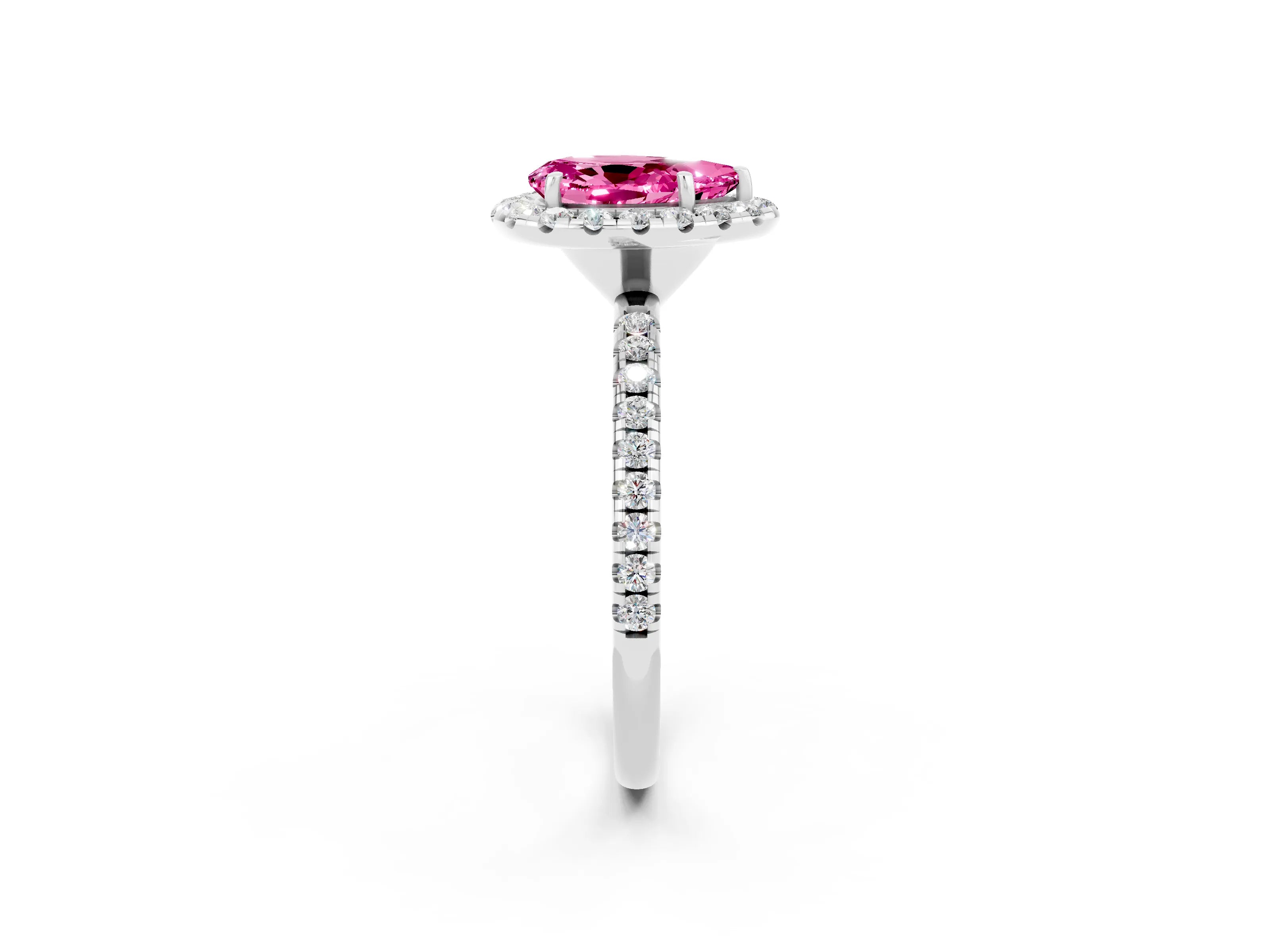 White gold Pear Cut Halo Round Diamond Pavé Band Four-Prong Ring_14